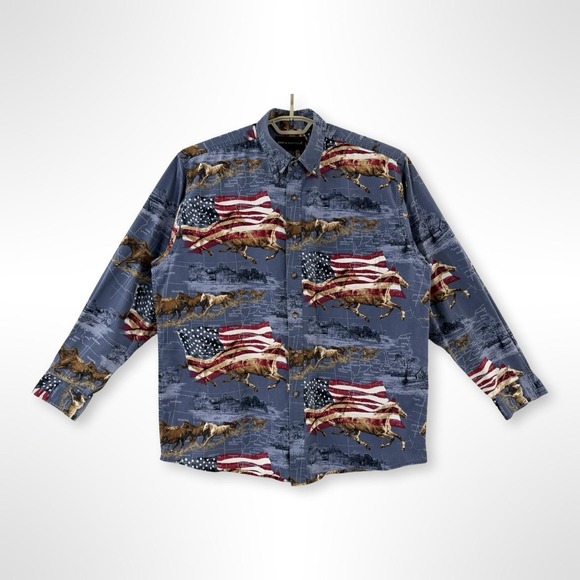 Bit & Bridle Other - Bit & Bridle Mens L Patriotic Horse American Flag Western Button Up Shirt